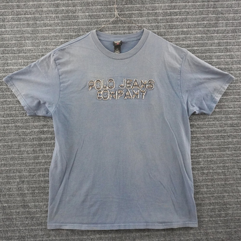 Vintage Y2K Polo Jeans Company T-Shirt Mens L Blue Distressed Chenille Logo
